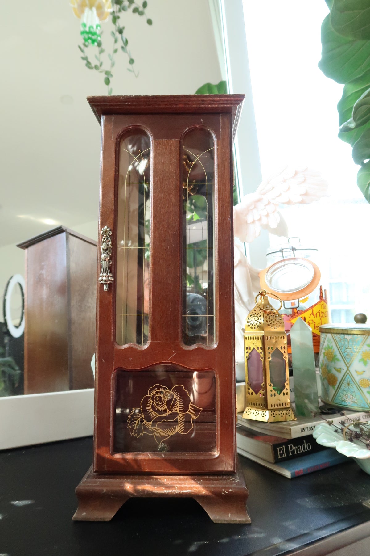 Vintage Wooden Jewelry Box with Floral Etching