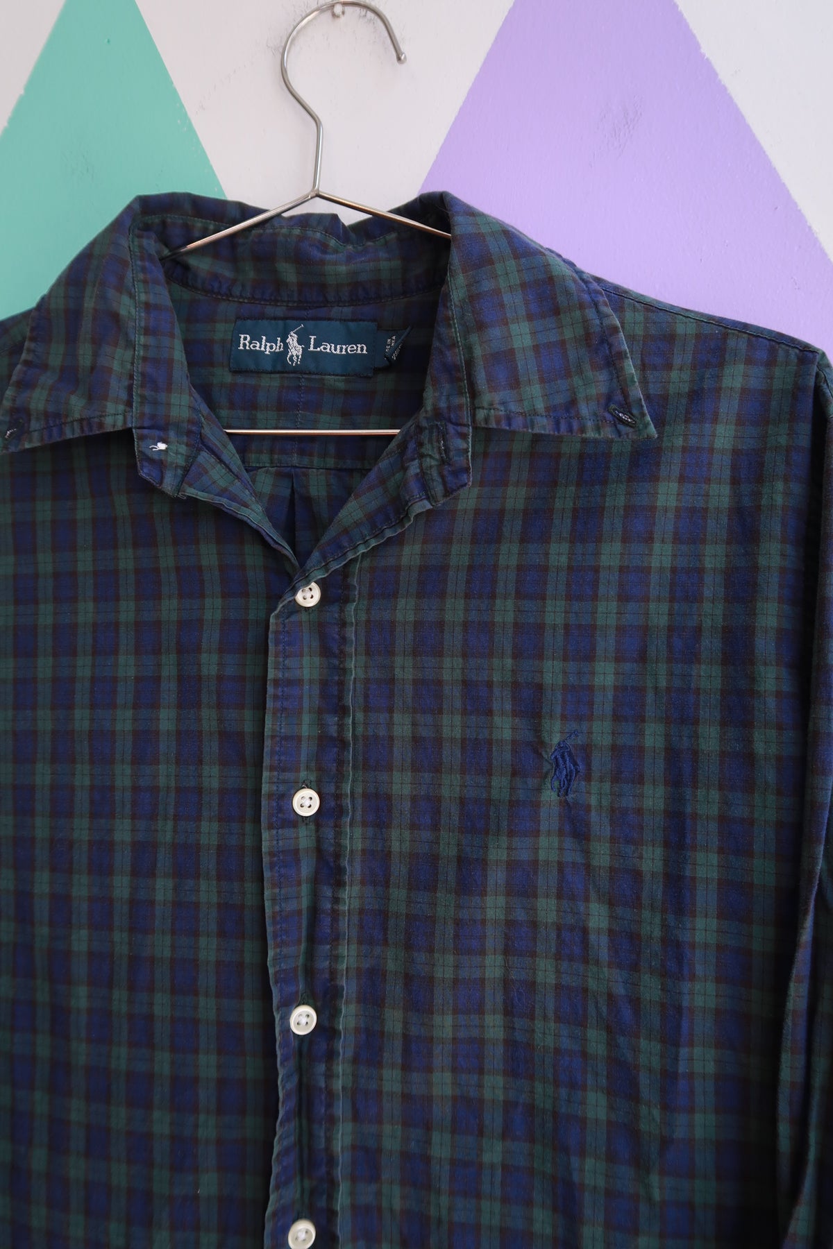Men's vintage Ralph Lauren plaid button-down shirt in navy and green check cotton, from Elektra Vintage.