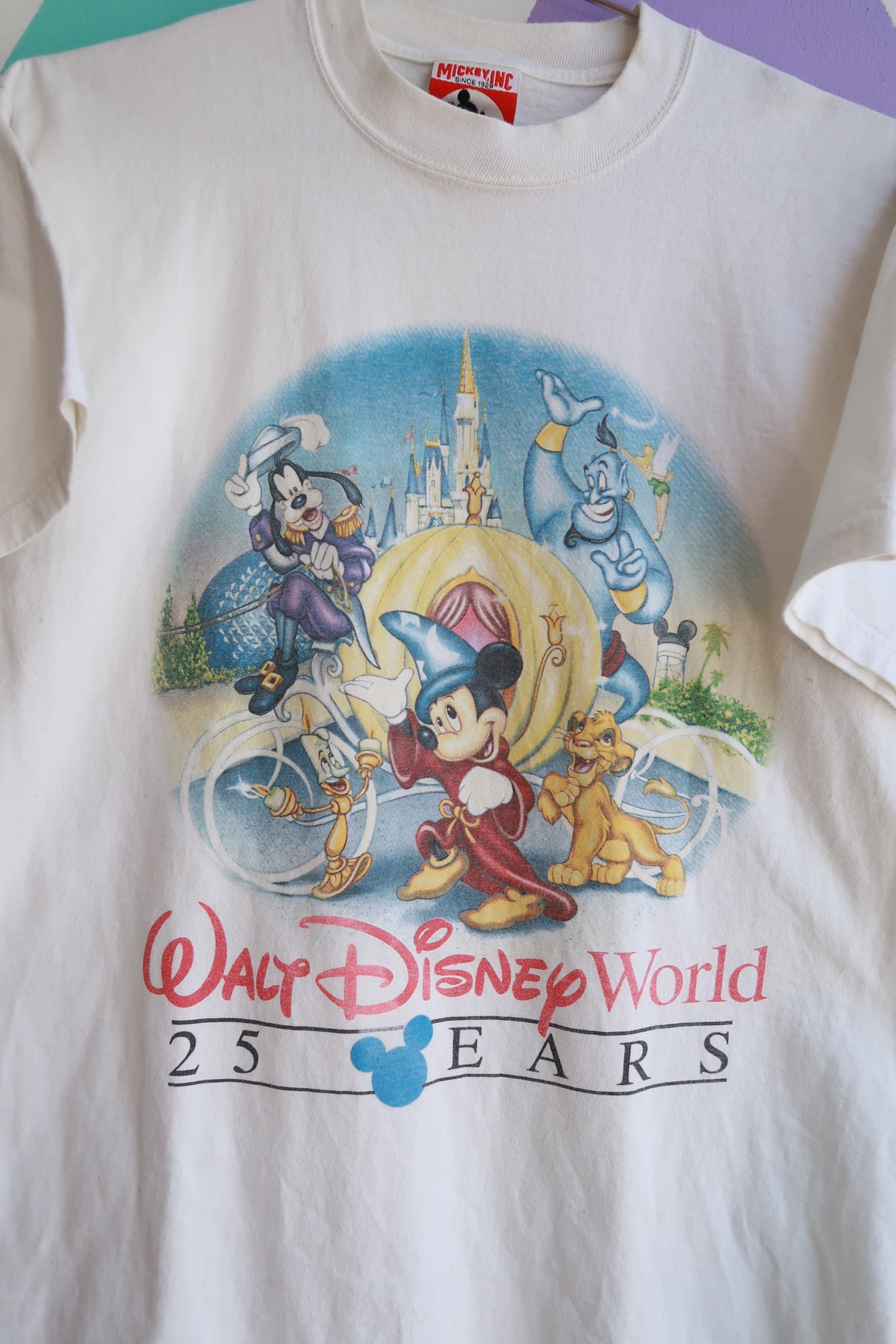 Men's vintage Walt Disney World 25 Years graphic tee featuring Mickey Mouse and Fantasia castle design by Elektra Vintage.