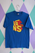 Blue vintage Vans logo graphic tee for men, Elektra Vintage 2000s skate streetwear t-shirt, casual men's top with retro style.
