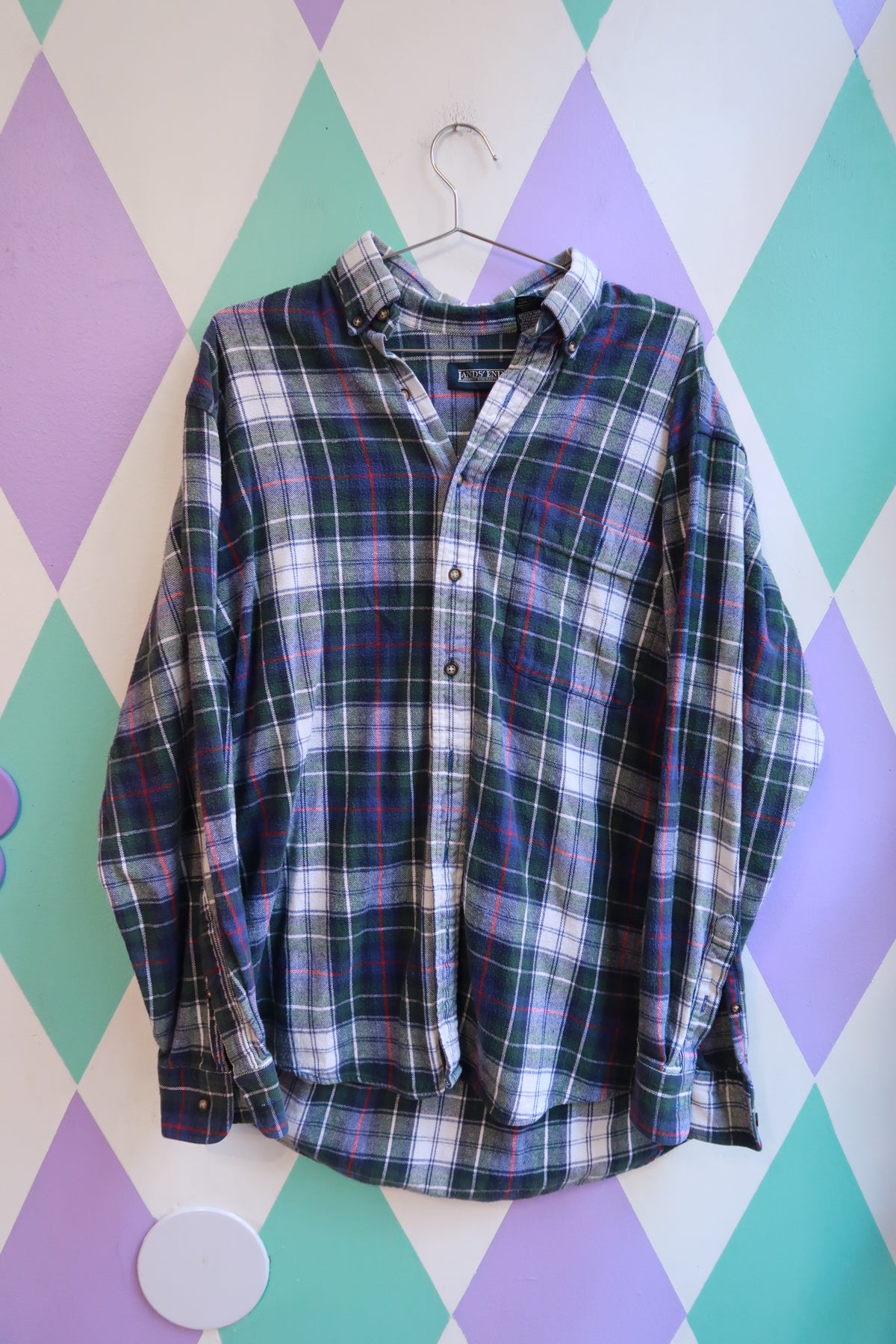 Vintage Lands’ End Plaid Flannel Button Down Shirt – Green Blue Classic Check