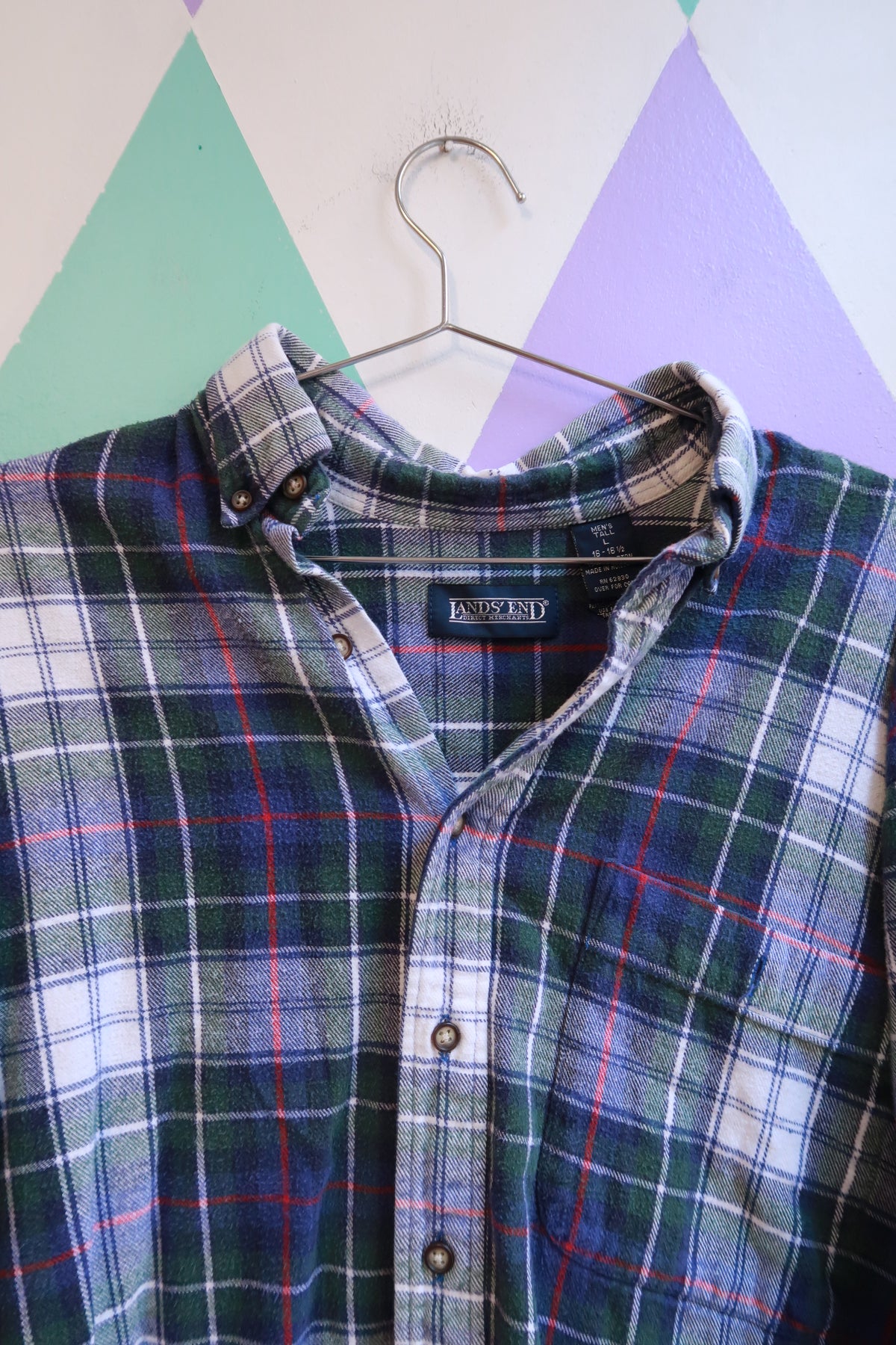 Men's vintage Elektra Vintage plaid flannel button-down shirt in green and blue with a classic check pattern.