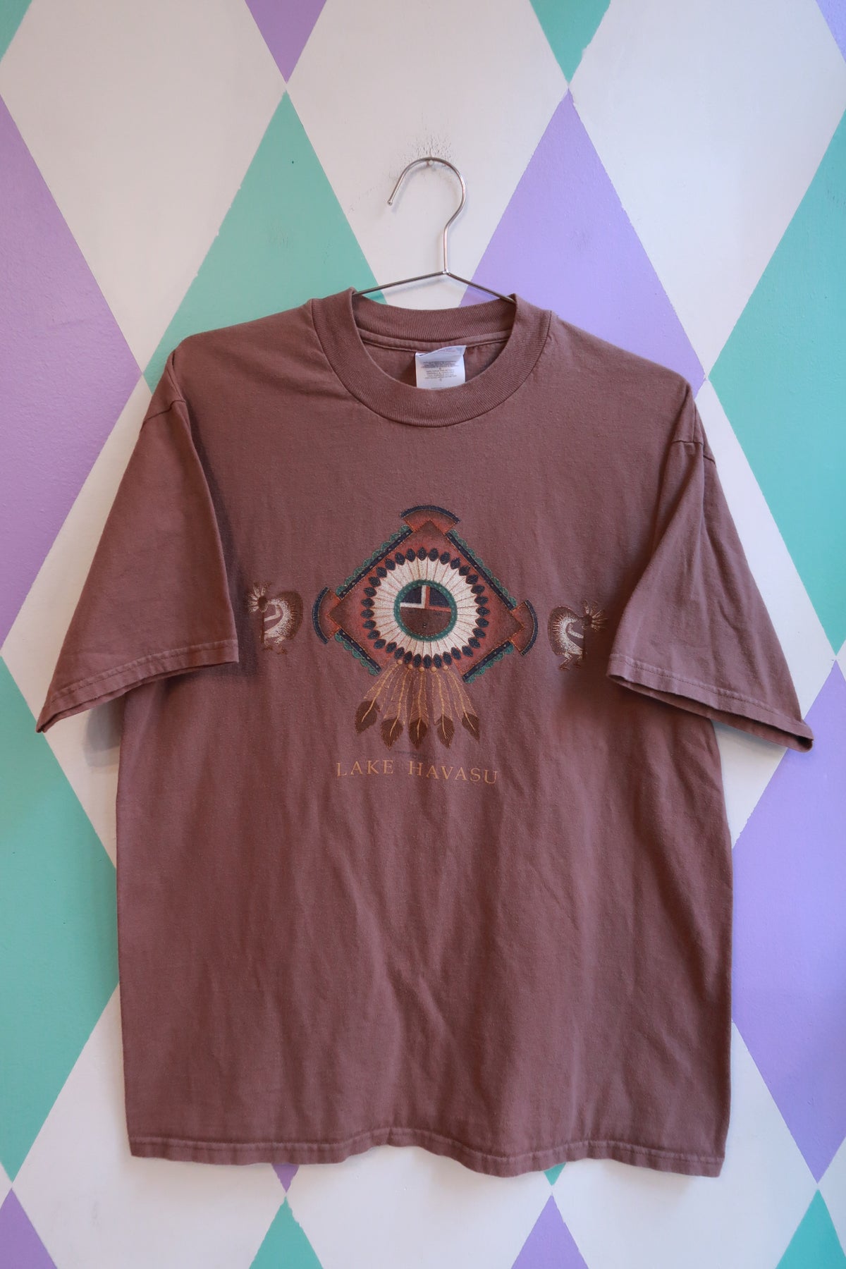 Men's Vintage Lake Havasu Graphic Tee by Elektra Vintage, brown southwestern tribal print men's top with bold graphic design.