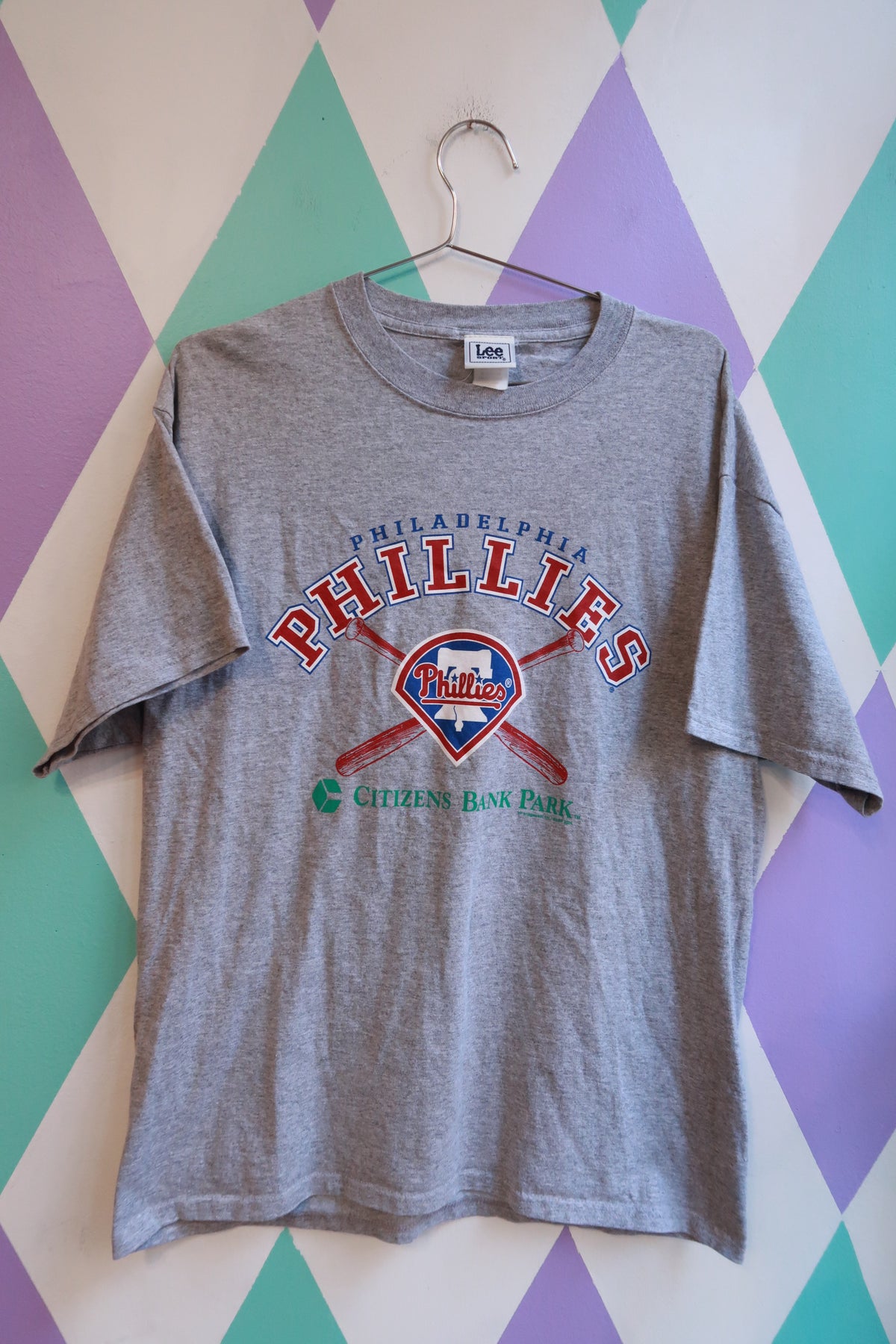 Men's vintage Philadelphia Phillies Citizens Bank Park graphic tee by Elektra Vintage, featuring a retro baseball stadium design.
