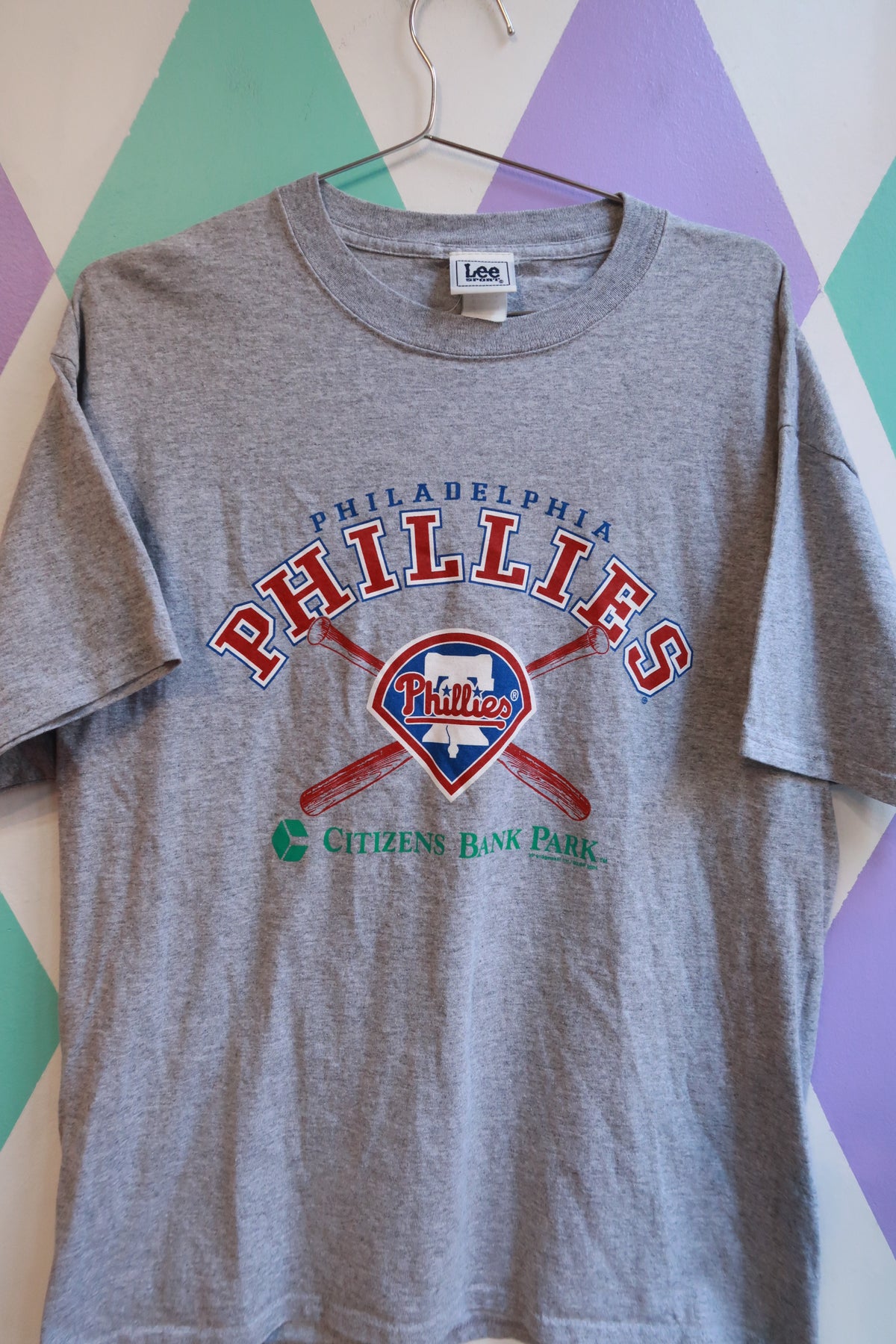 Men's vintage Philadelphia Phillies Citizens Bank Park graphic tee by Elektra Vintage, featuring team logo and park imagery.
