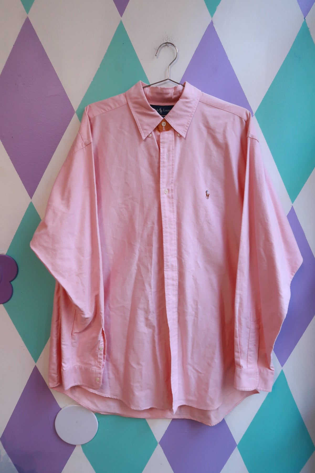 Vintage Ralph Lauren men's pink cotton button-down Oxford shirt, Elektra Vintage top, classic casual men's clothing.