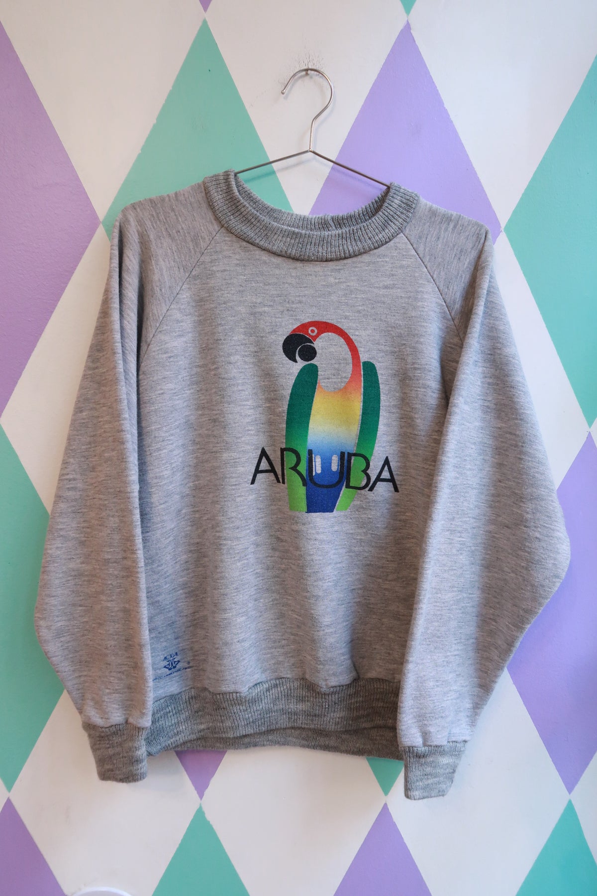 Men's vintage crewneck sweatshirt by Elektra Vintage featuring a colorful Aruba parrot graphic on the front.