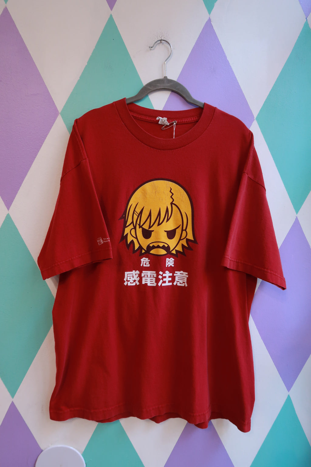 Men's Vintage Y2K Japanese Warning Graphic Anime T-shirt by Elektra Vintage featuring bold warning design and vibrant colors.