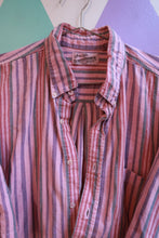 Load image into Gallery viewer, Elektra Vintage men's pink striped button-up shirt, casual men's top with a classic collar and long sleeves, laid flat.

