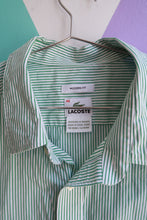 Load image into Gallery viewer, Elektra Vintage men's green and white striped button-up shirt with collar and long sleeves, casual and stylish top.
