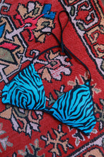 Load image into Gallery viewer, Vintage 2000s Elektra Pink and Blue Zebra Print String Bikini Top laid flat, showing its vibrant pattern and adjustable ties.
