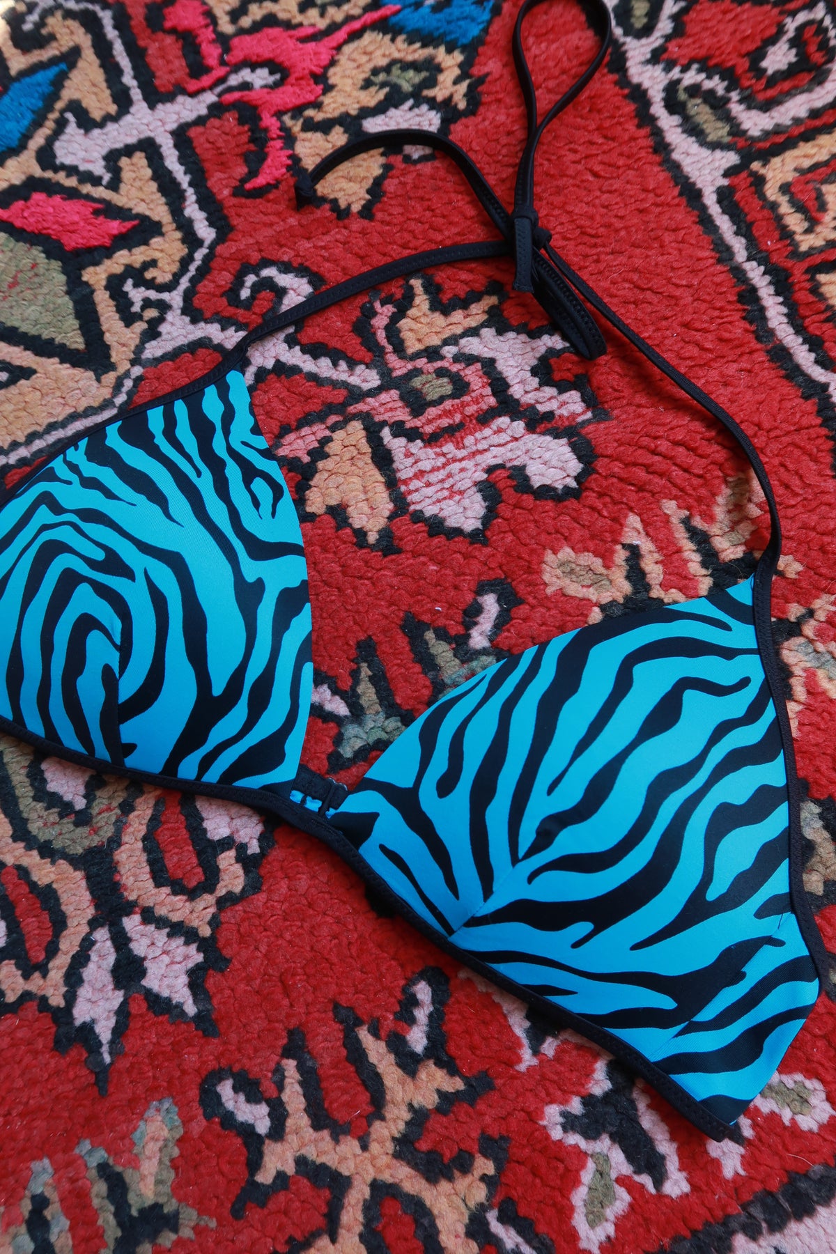 Vintage 2000s pink and blue zebra print string bikini top by Elektra Vintage, featuring adjustable ties and vibrant pattern.