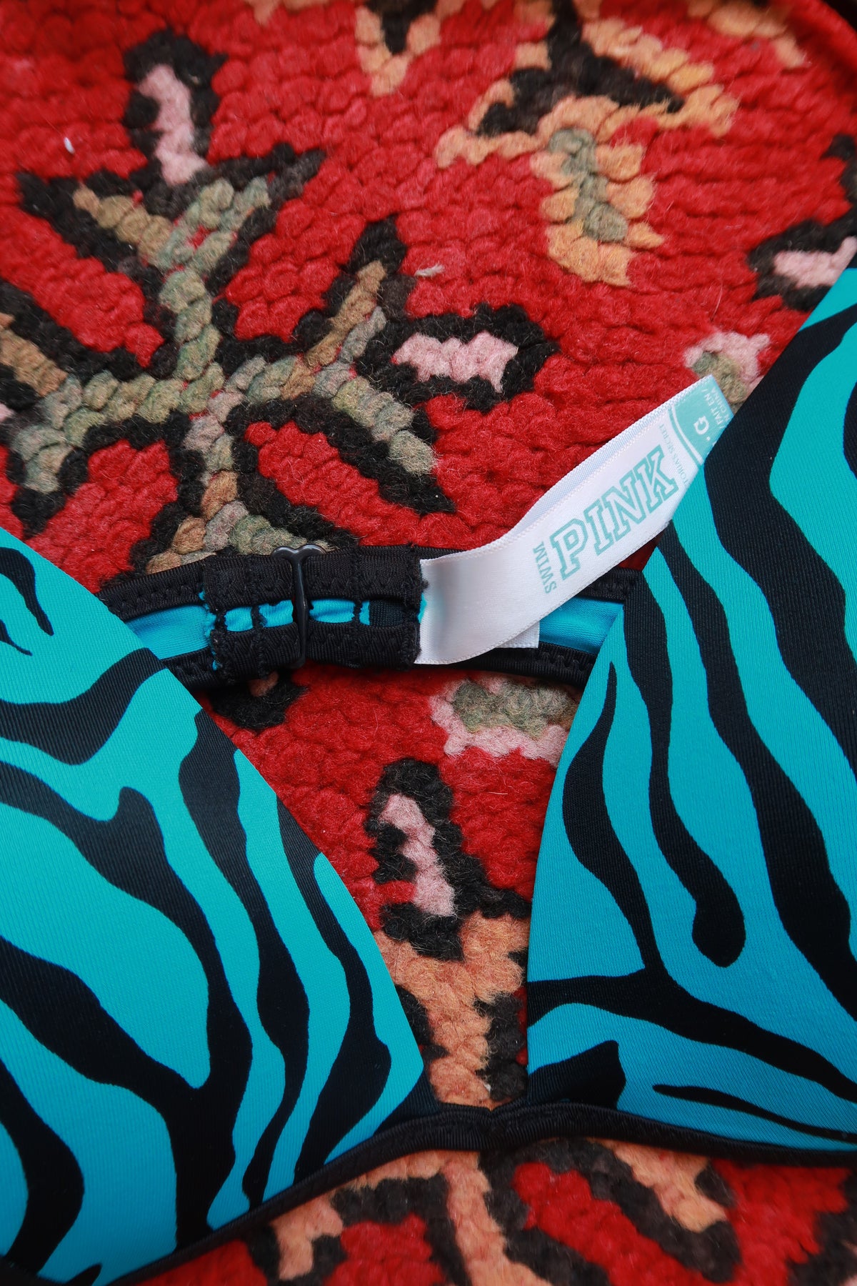 Vintage 2000s Elektra Pink and Blue Zebra Print String Bikini Top with adjustable ties and classic style.