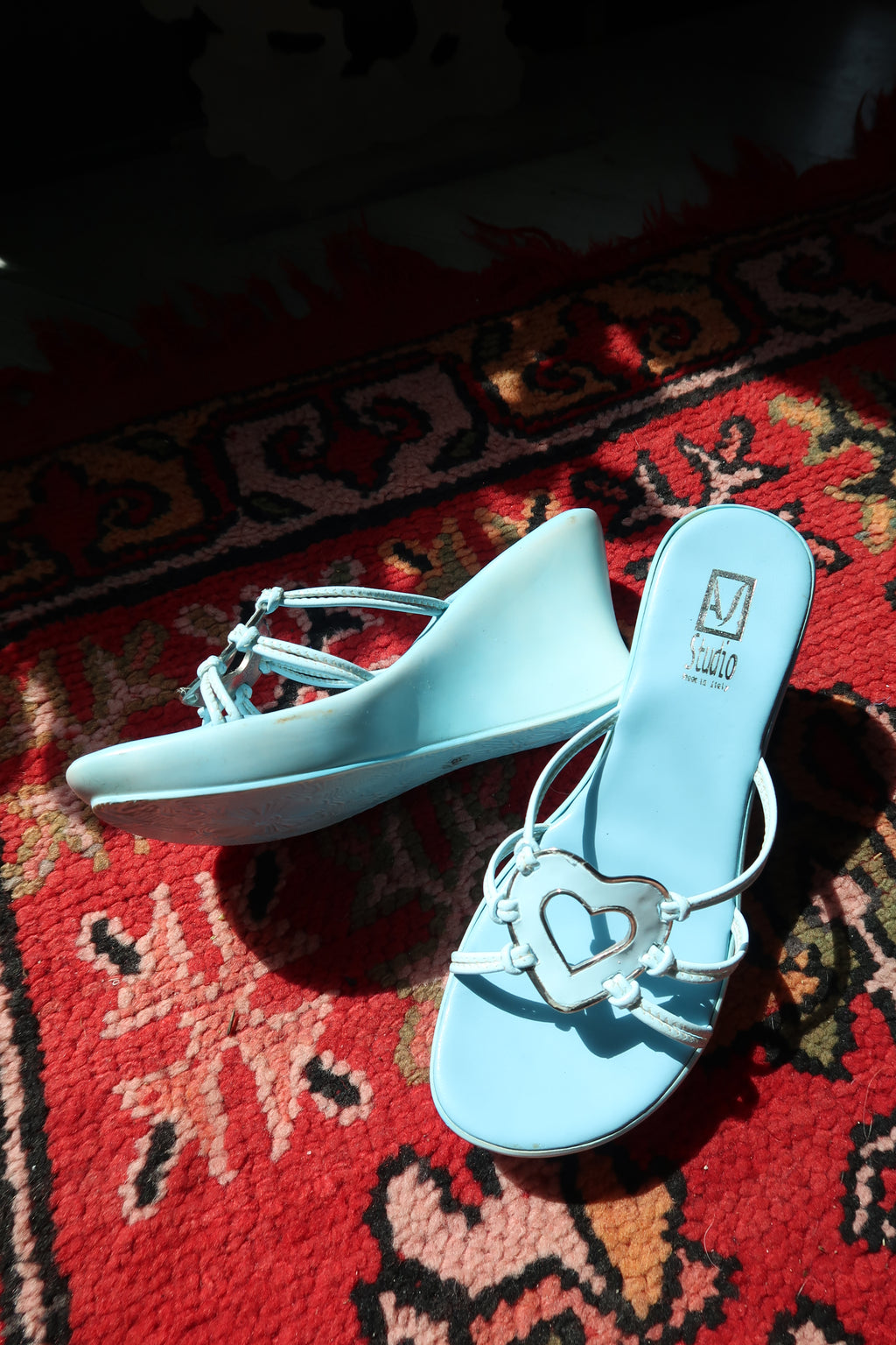Deadstock Vintage Y2K Italian Wedge Sandals – Baby Blue with Heart Detail