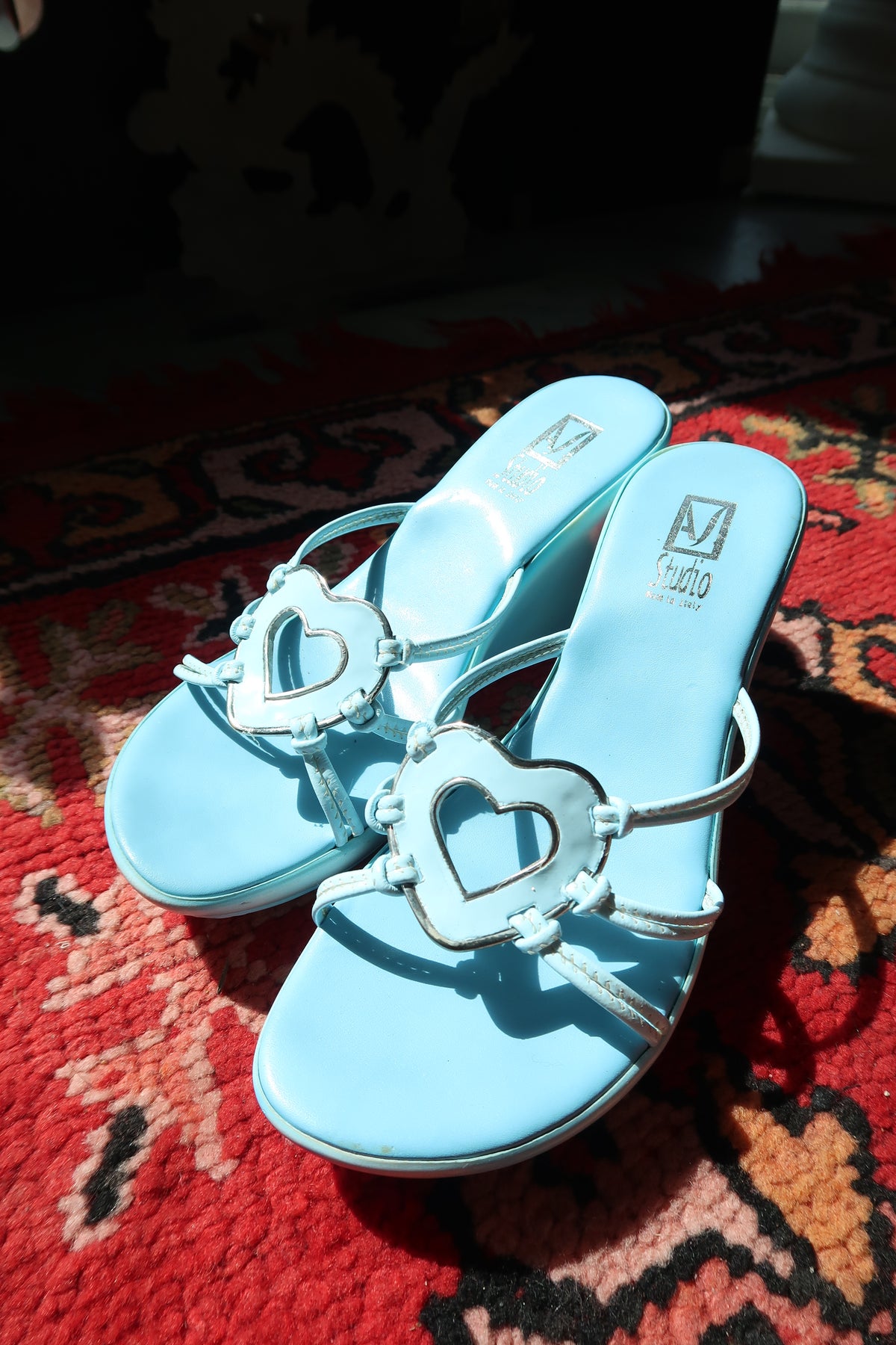 Deadstock Vintage Y2K Italian Wedge Sandals – Baby Blue with Heart Detail