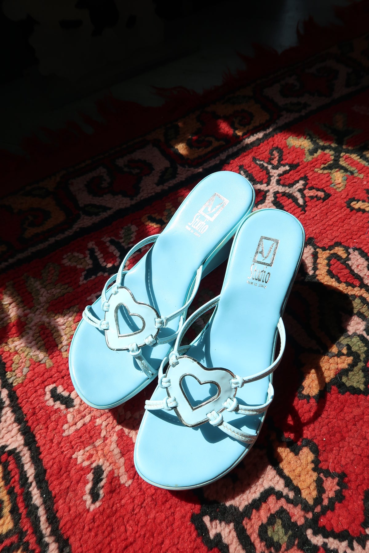 Deadstock Vintage Y2K Italian Wedge Sandals – Baby Blue with Heart Detail
