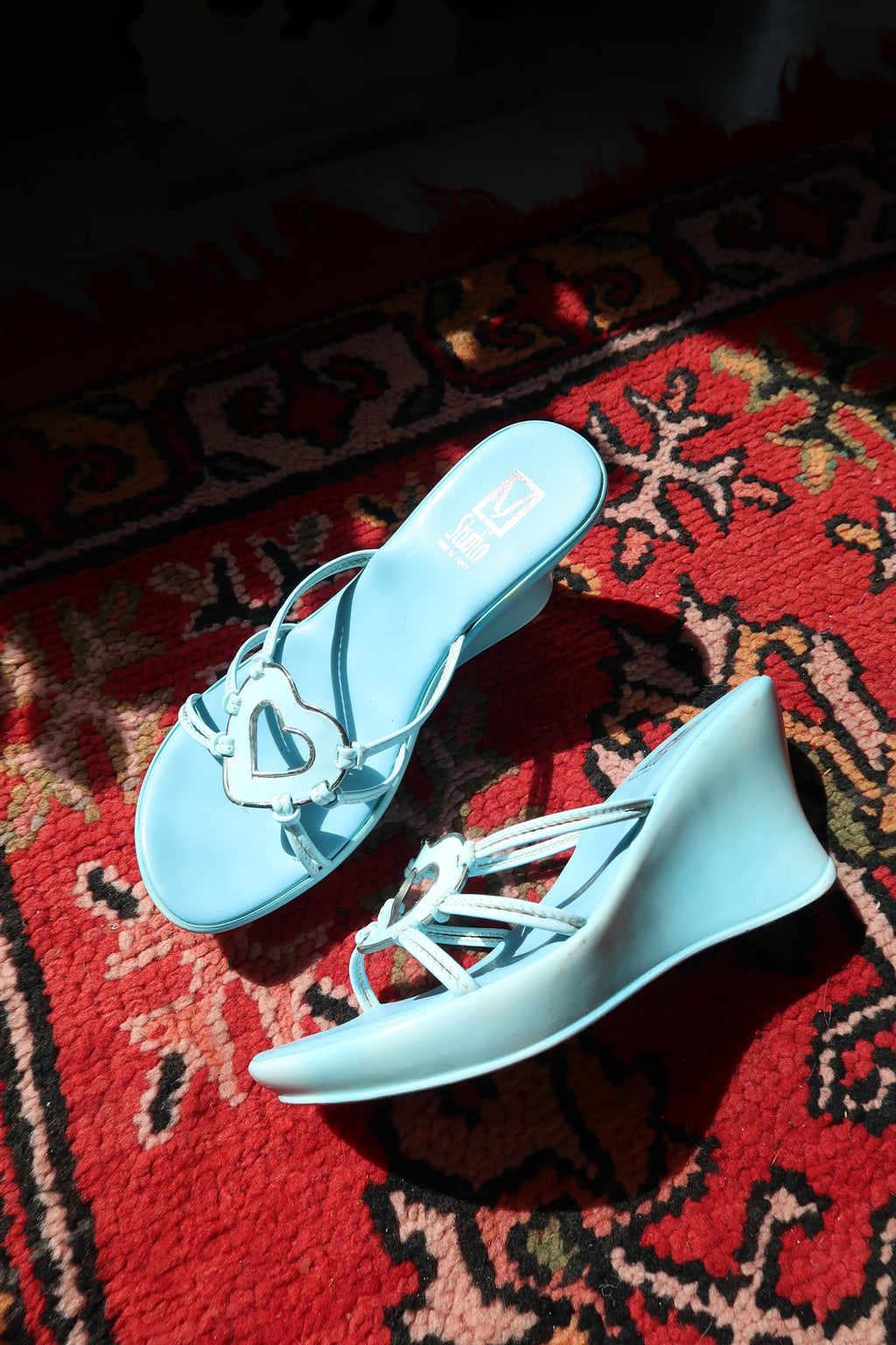 Deadstock Vintage Y2K Italian Wedge Sandals – Baby Blue with Heart Detail
