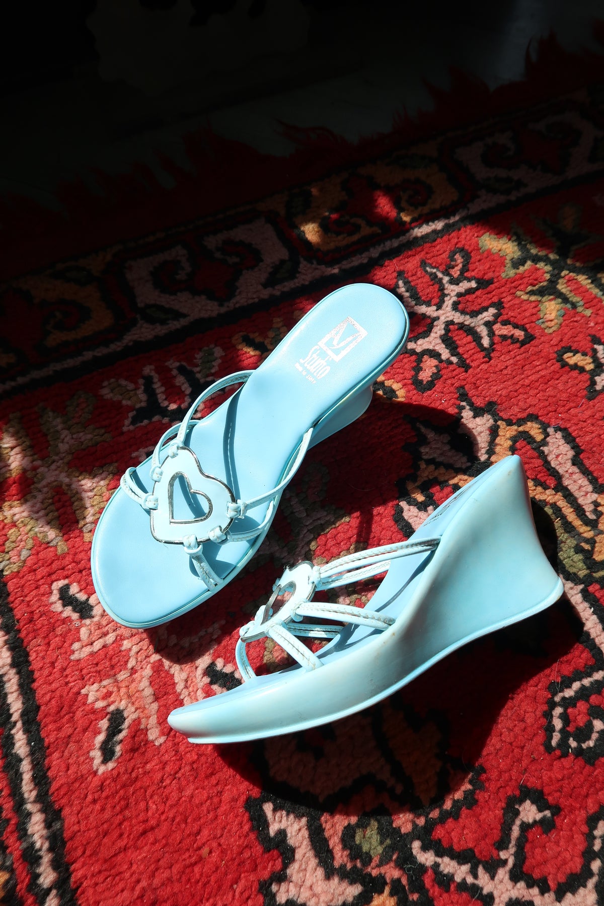 Deadstock Vintage Y2K Italian Wedge Sandals – Baby Blue with Heart Detail