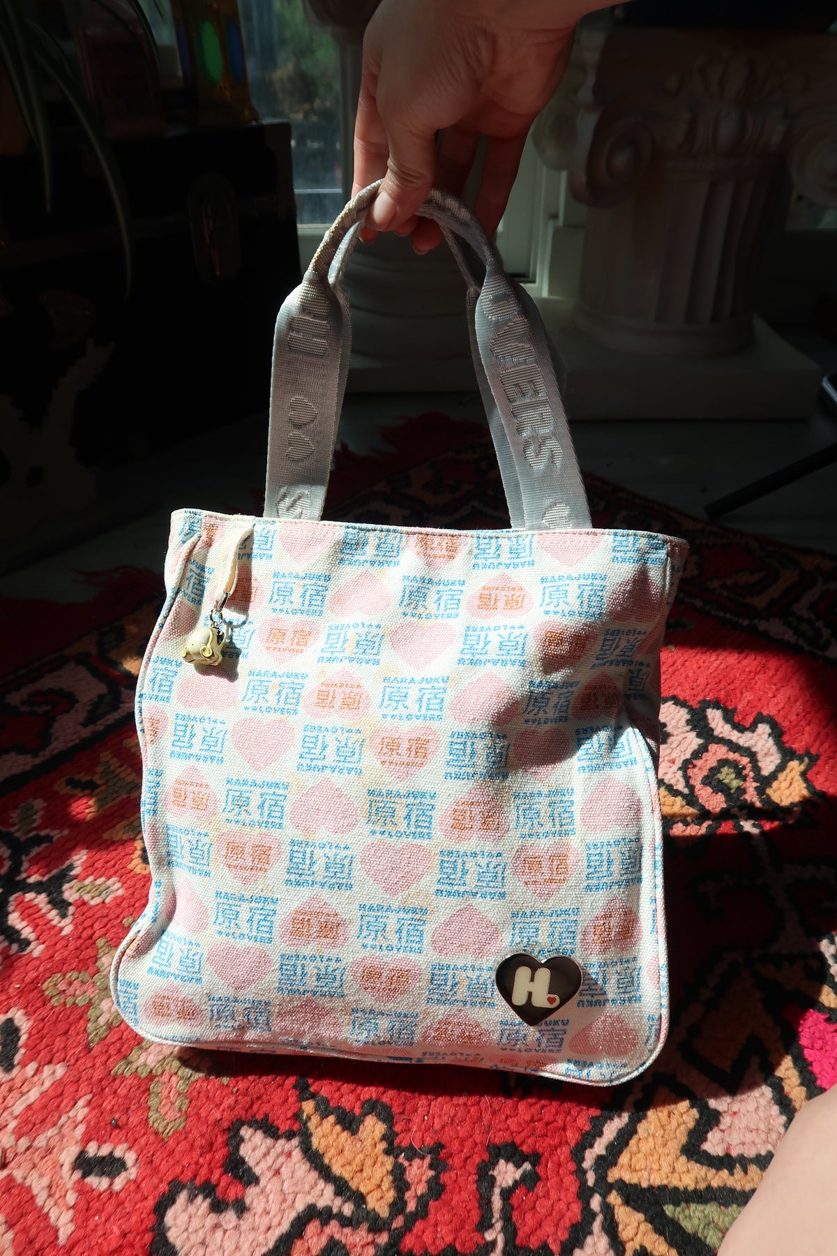 Harajuku Lovers Vintage Tote Bag – Pastel Print with Heart Patch & Charm