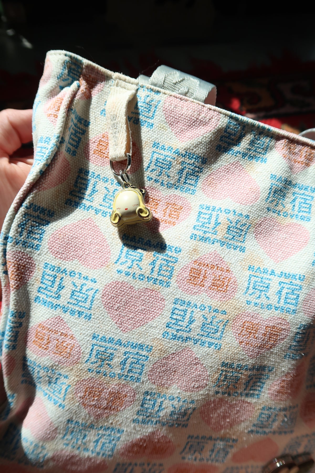 Harajuku Lovers Vintage Tote Bag – Pastel Print with Heart Patch & Charm