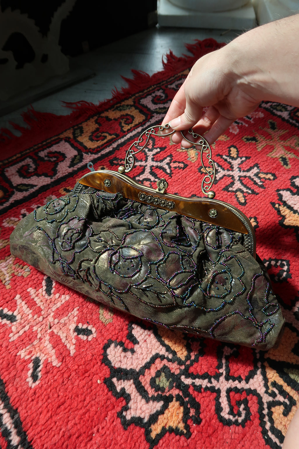 Vintage Beaded Floral Evening Bag – Embroidered Brocade Purse with Filigree Handle