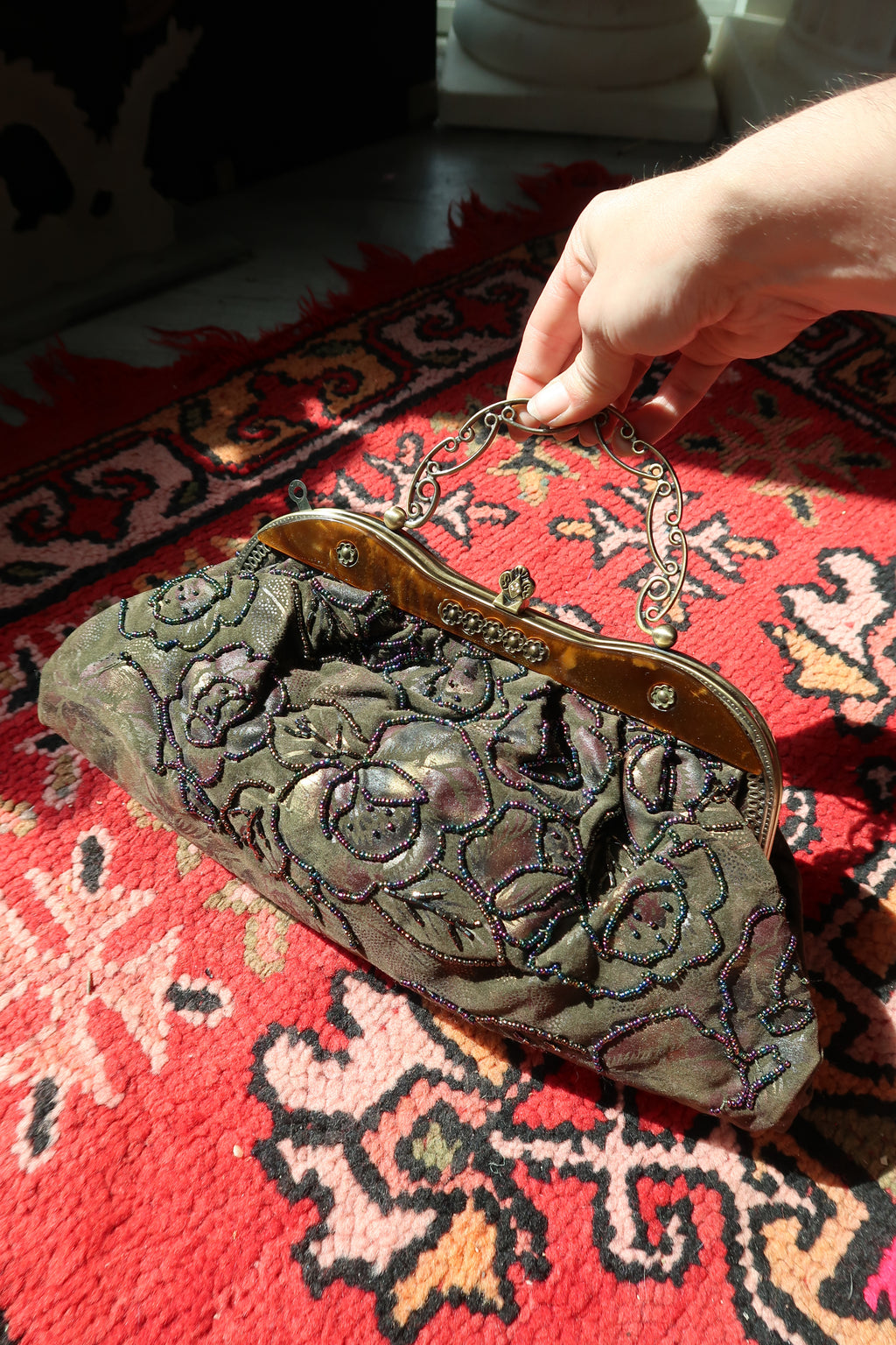 Vintage Beaded Floral Evening Bag – Embroidered Brocade Purse with Filigree Handle