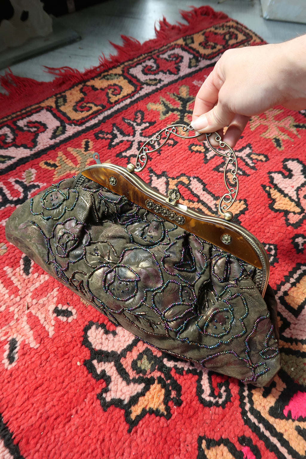 Vintage Beaded Floral Evening Bag – Embroidered Brocade Purse with Filigree Handle