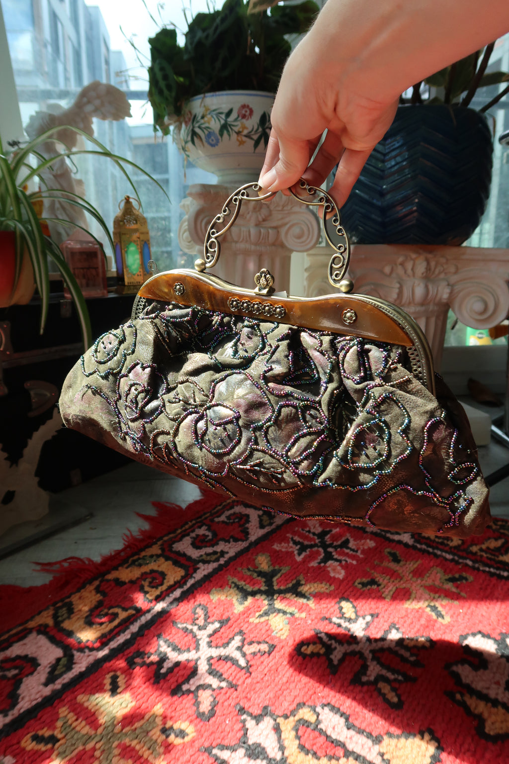 Vintage Beaded Floral Evening Bag – Embroidered Brocade Purse with Filigree Handle