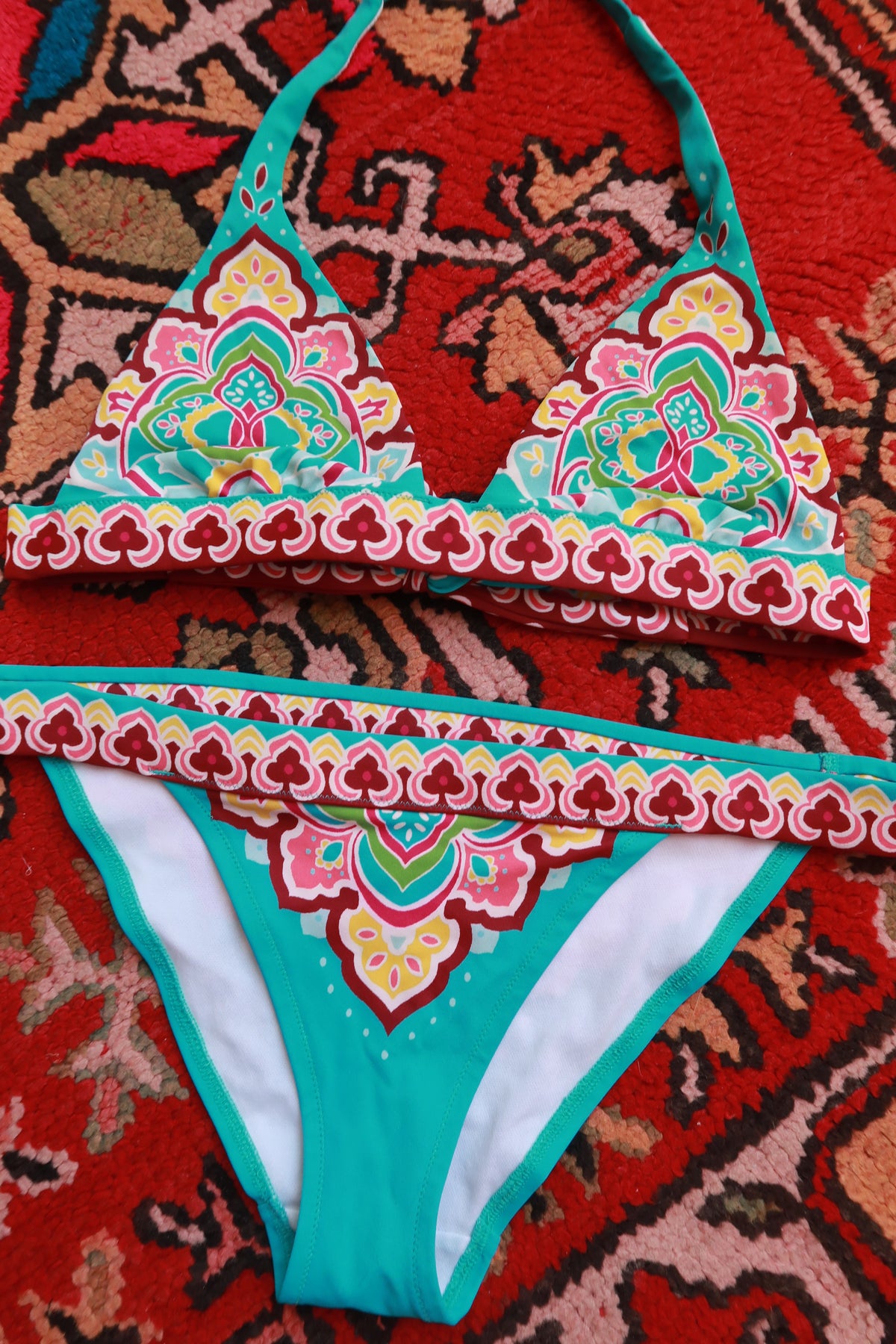 Vintage 2000s Victoria’s Secret boho paisley bikini set by Elektra Vintage, featuring colorful patterned fabric and classic swimwear style.