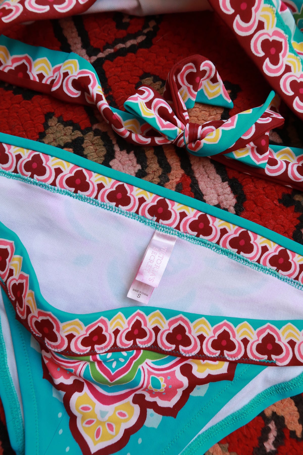 Vintage 2000s Victoria’s Secret Boho Paisley bikini set by Elektra Vintage, featuring colorful paisley pattern and classic swimwear style.