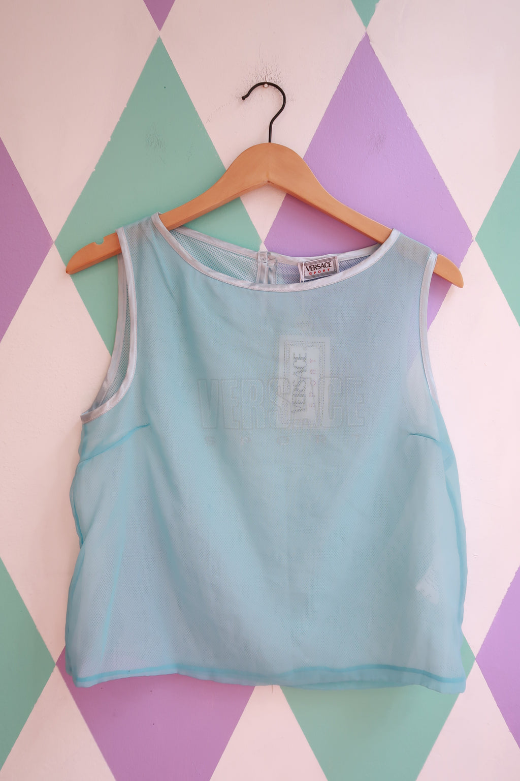 Vintage Versace ice blue sheer mesh tank top for women, stylish Elektra Vintage brand, with a sporty and elegant design.