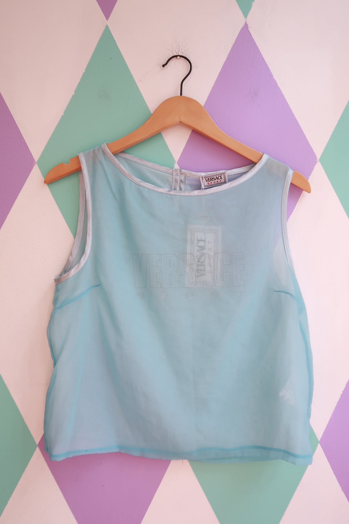 Vintage Versace ice blue sheer mesh tank top for women, stylish Elektra Vintage brand, with a sporty and elegant design.