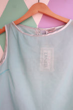 Load image into Gallery viewer, Vintage Versace ice blue sheer mesh tank top for women, featuring a stylish and lightweight design by Elektra Vintage.
