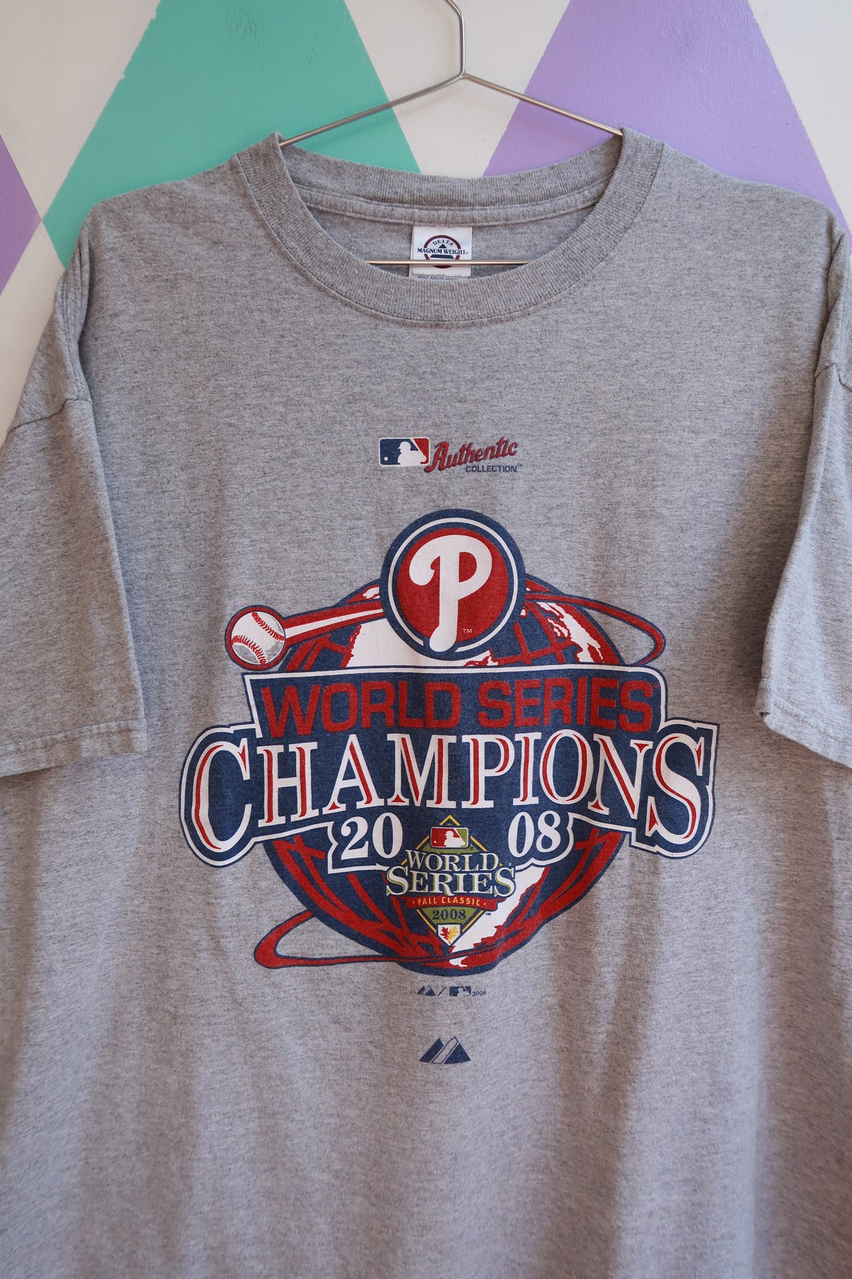 Vintage 2008 Philadelphia Phillies World Series Champions graphic T-shirt by Elektra Vintage, featuring team logo and commemorative design.