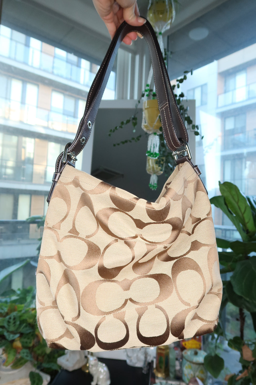 Vintage Coach F15067 Signature Jacquard Hobo Bag in Khaki and Brown
