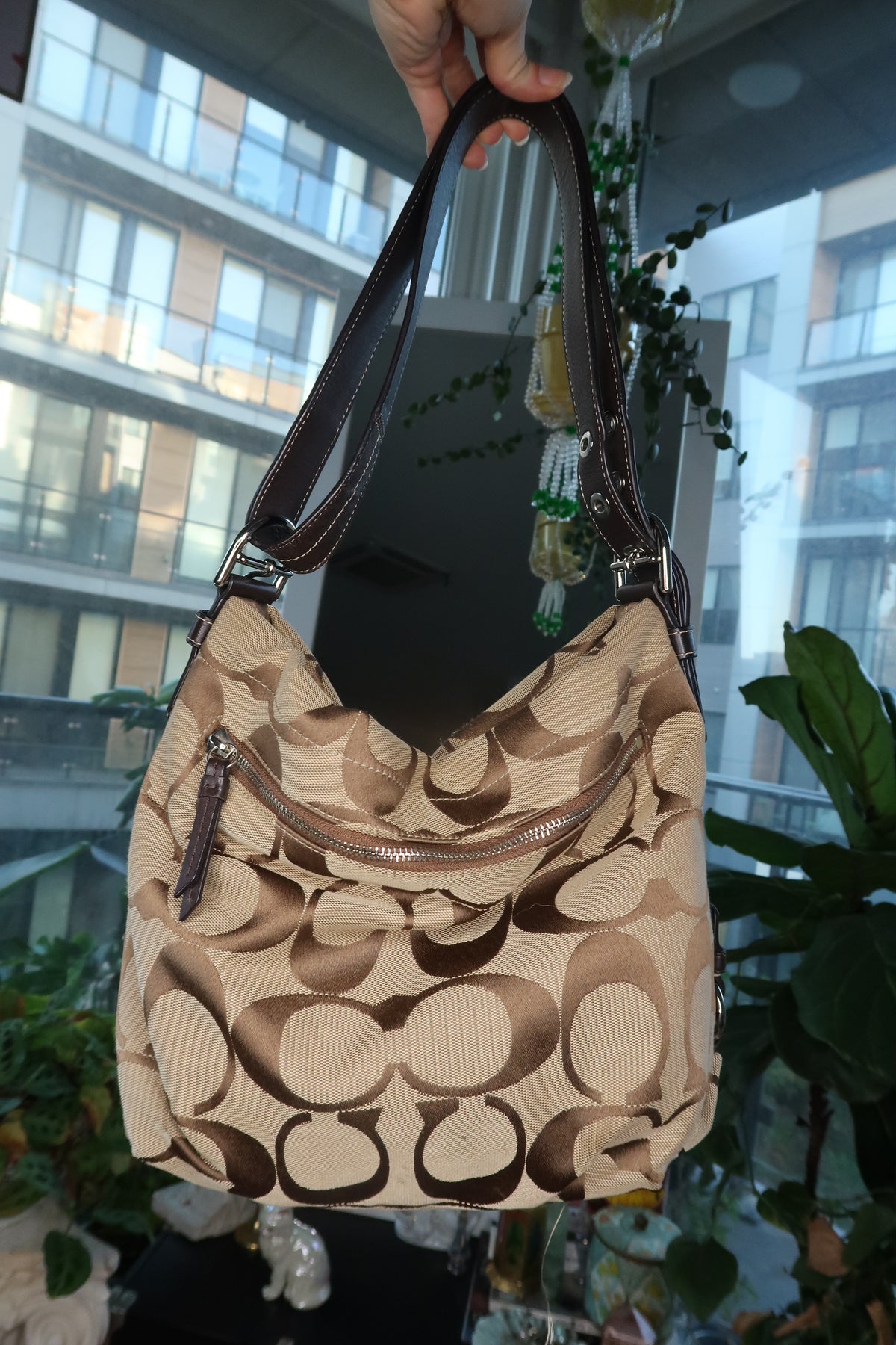 Vintage Coach F15067 Signature Jacquard Hobo Bag in Khaki and Brown