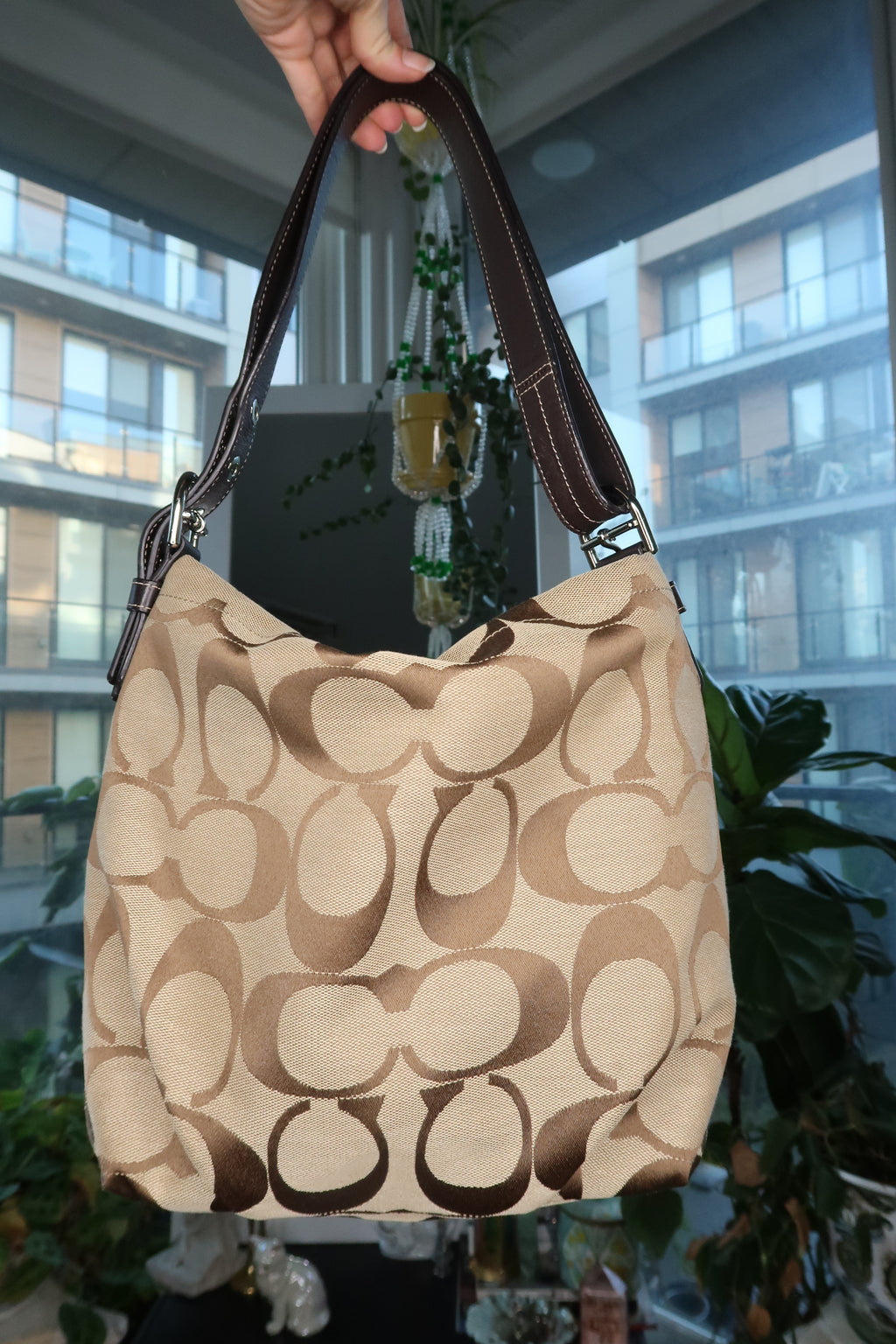Vintage Coach F15067 Signature Jacquard Hobo Bag in Khaki and Brown