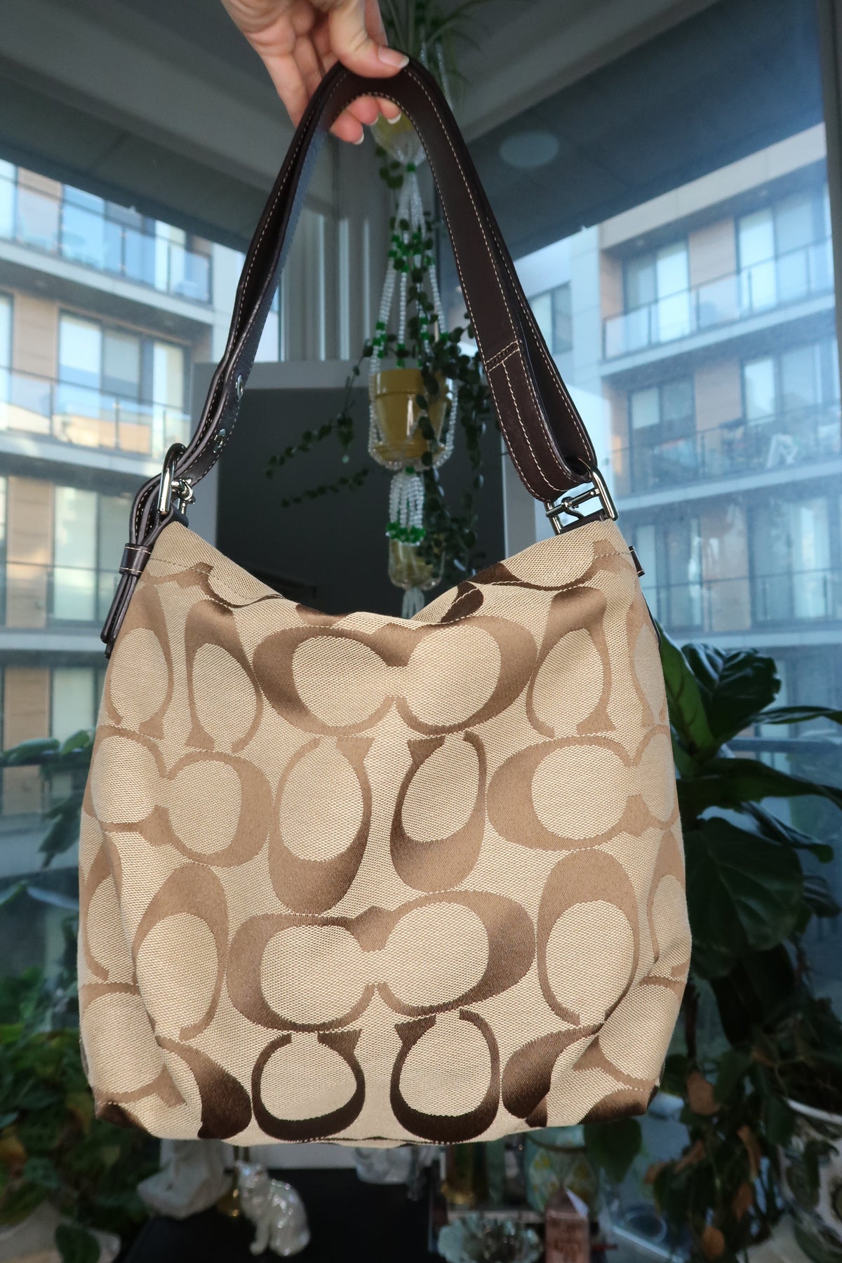 Vintage Coach F15067 Signature Jacquard Hobo Bag in Khaki and Brown