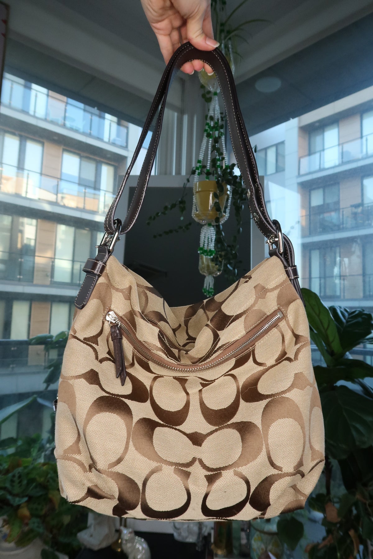 Vintage Coach F15067 Signature Jacquard Hobo Bag in Khaki and Brown
