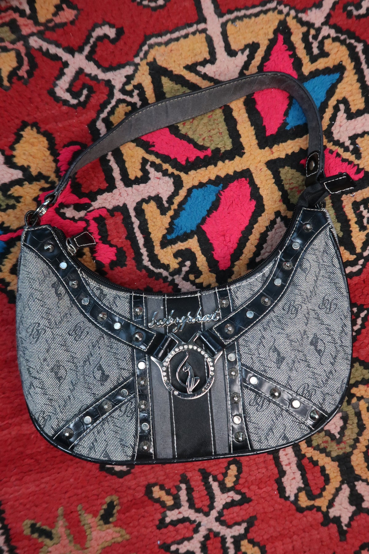 Vintage Y2K Baby Phat Monogram Denim Shoulder Bag with Studded Trim
