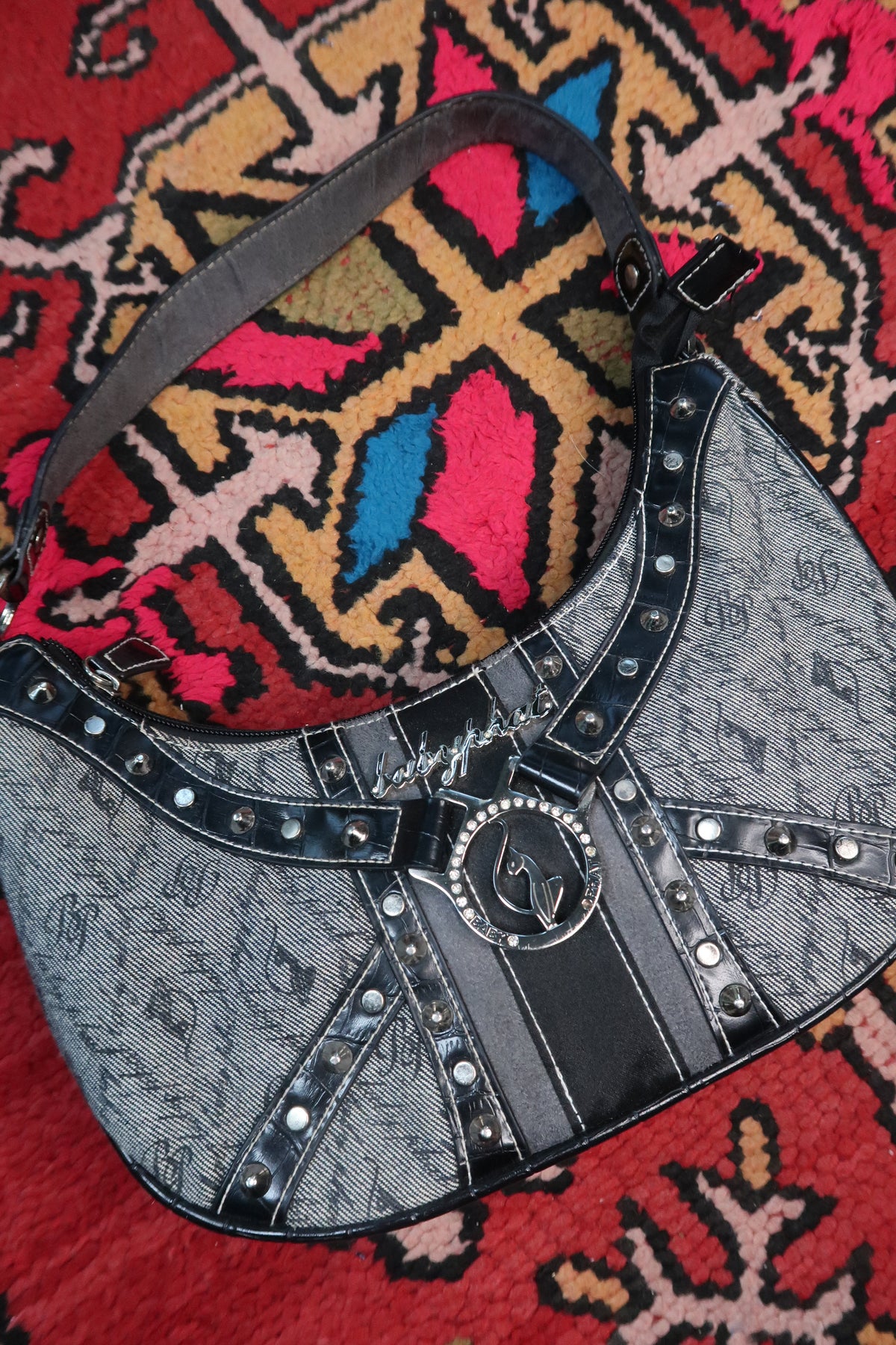 Vintage Y2K Baby Phat Monogram Denim Shoulder Bag with Studded Trim