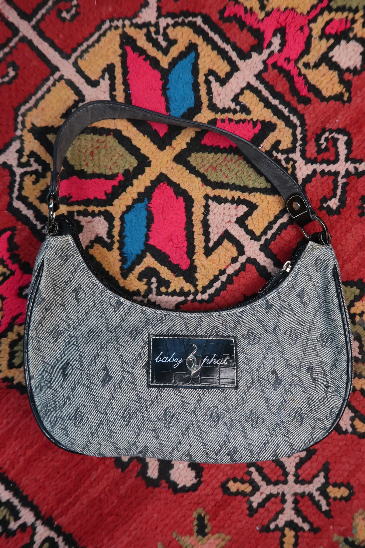 Vintage Y2K Baby Phat Monogram Denim Shoulder Bag with Studded Trim