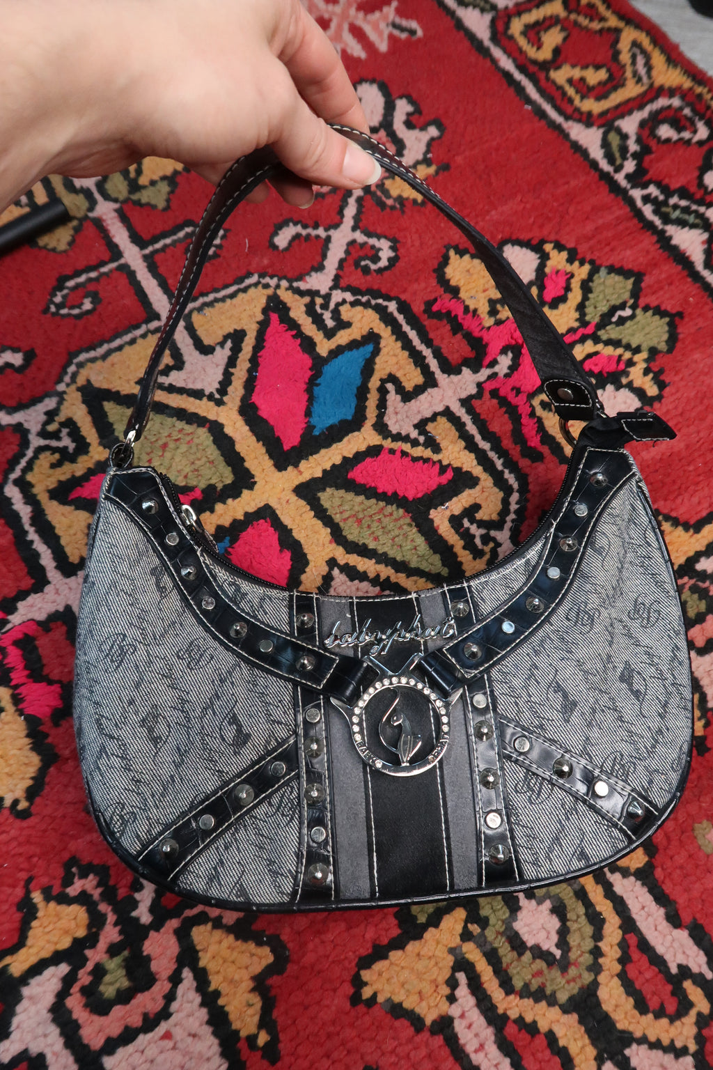 Vintage Y2K Baby Phat Monogram Denim Shoulder Bag with Studded Trim