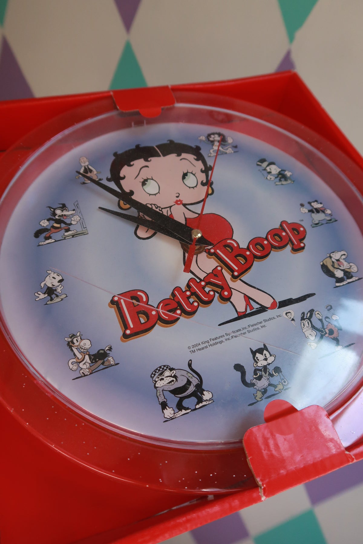 Vintage Betty Boop wall clock by Elektra Vintage, featuring classic cartoon character design in original box.
