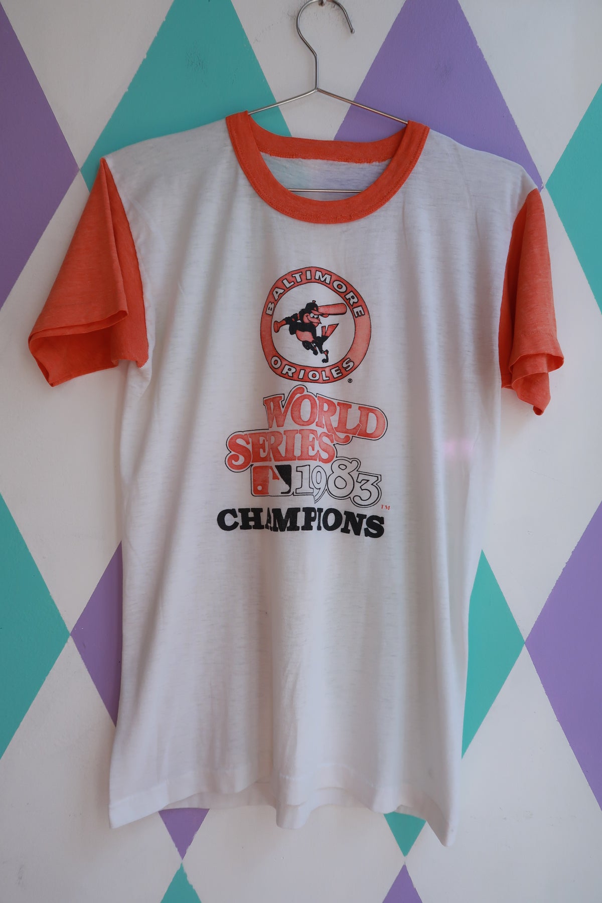 Vintage 1983 Baltimore Orioles World Series ringer tee for men by Elektra Vintage, featuring retro team graphics and classic design.