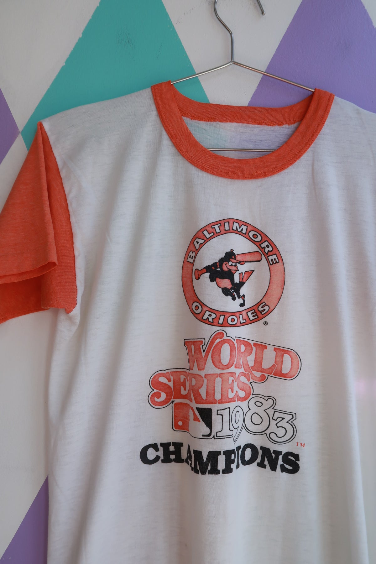 Men's vintage 1983 Baltimore Orioles World Series ringer tee by Elektra Vintage, featuring retro baseball team graphics.