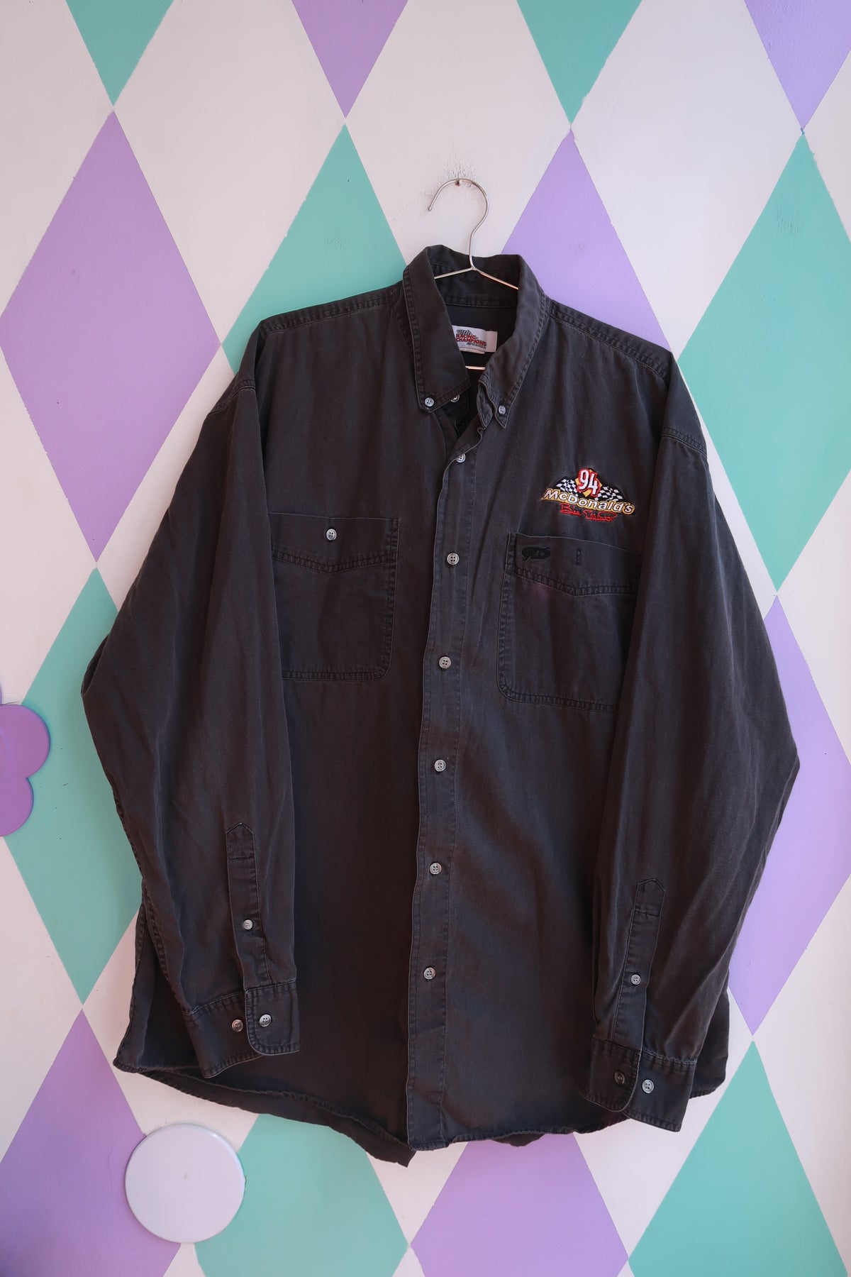 Vintage 1994 McDonald’s racing button-up work shirt for men by Elektra Vintage, featuring classic racing graphics and retro style.