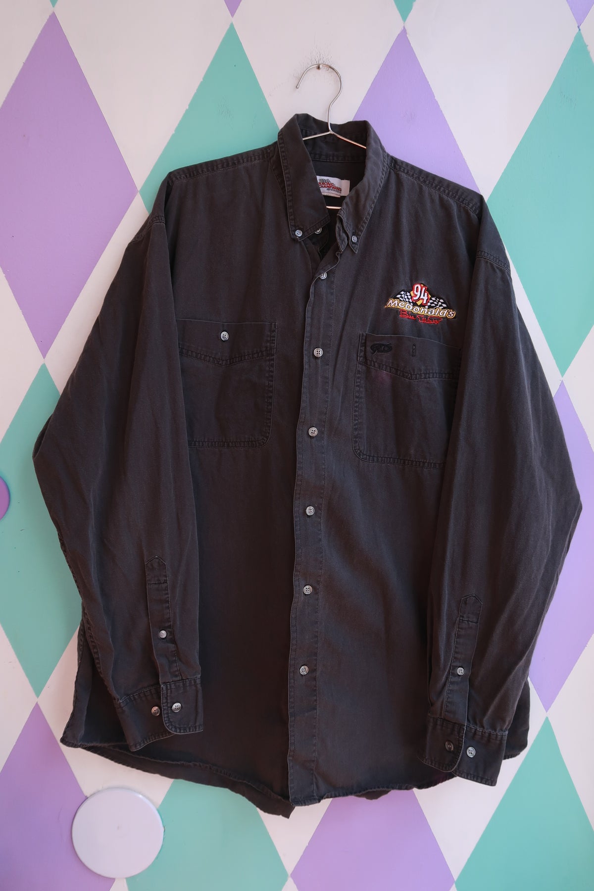 Vintage 1994 McDonald's racing button-up work shirt for men by Elektra Vintage, featuring retro racing logo and classic denim fabric.
