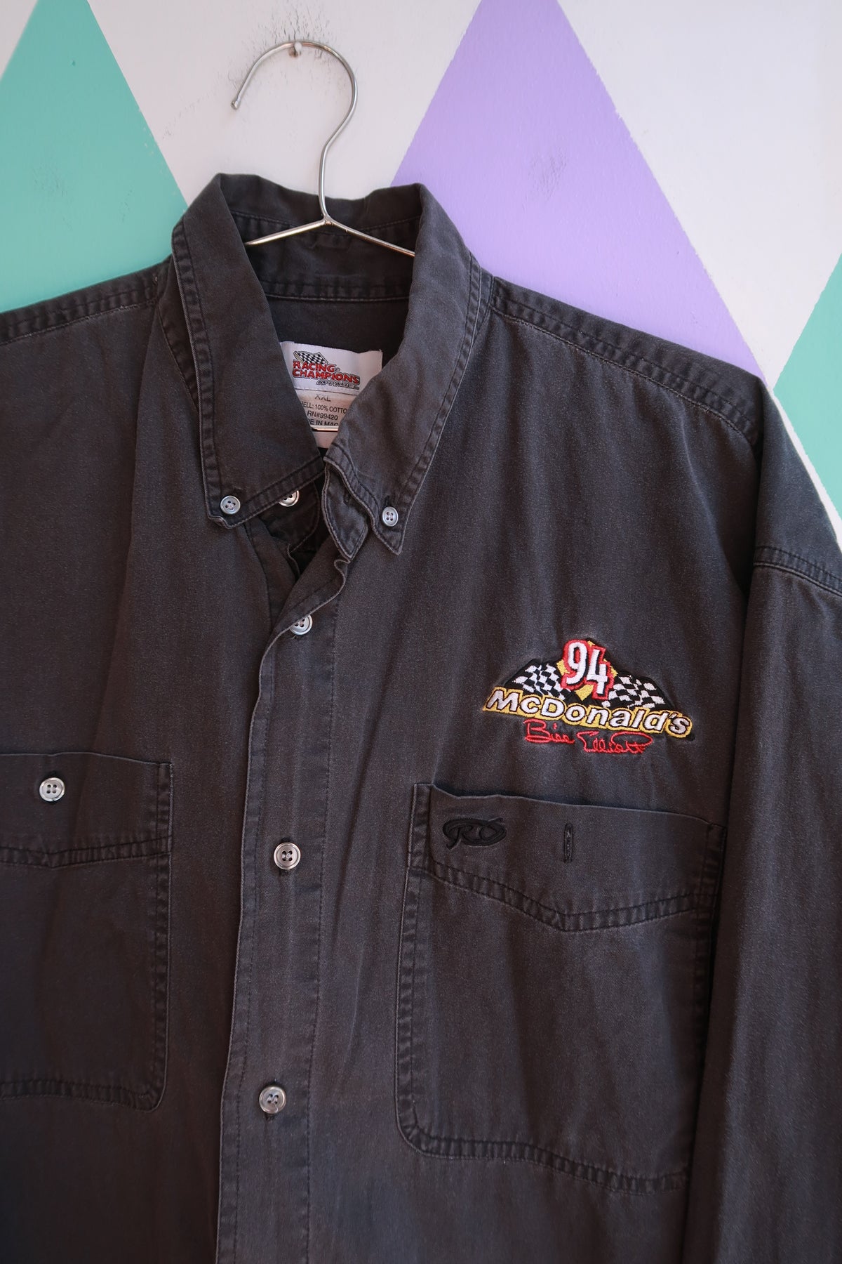Vintage 1994 McDonald's Racing men's button-up work shirt by Elektra Vintage, featuring colorful racing logo and retro design.