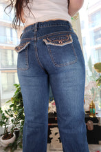 Load image into Gallery viewer, Y2K Dark Wash Bootcut Jeans – Contrast Stitch High Rise Denim with Rhinestone Pockets
